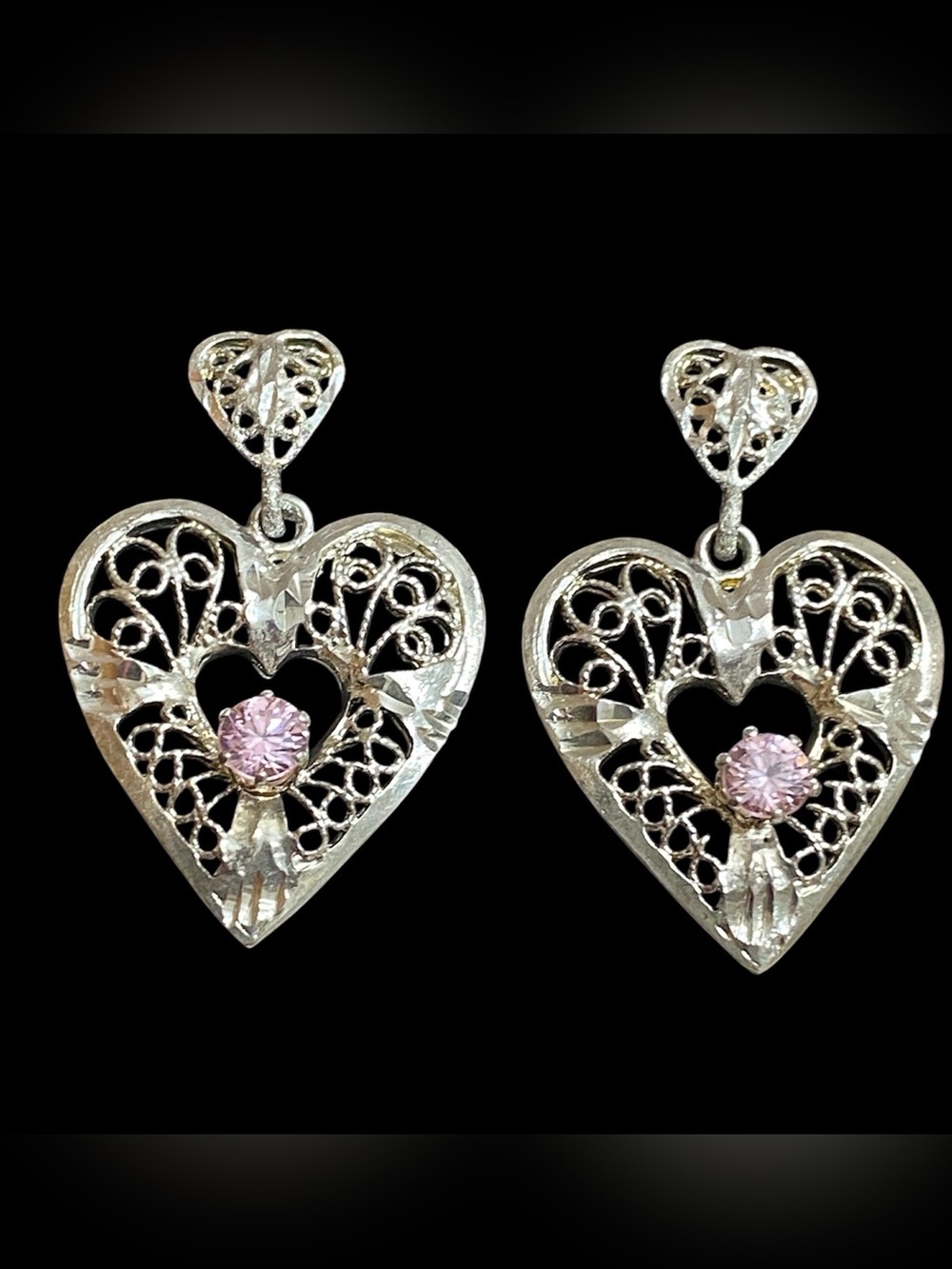 Sterling silver filigree heart pink stone earrings